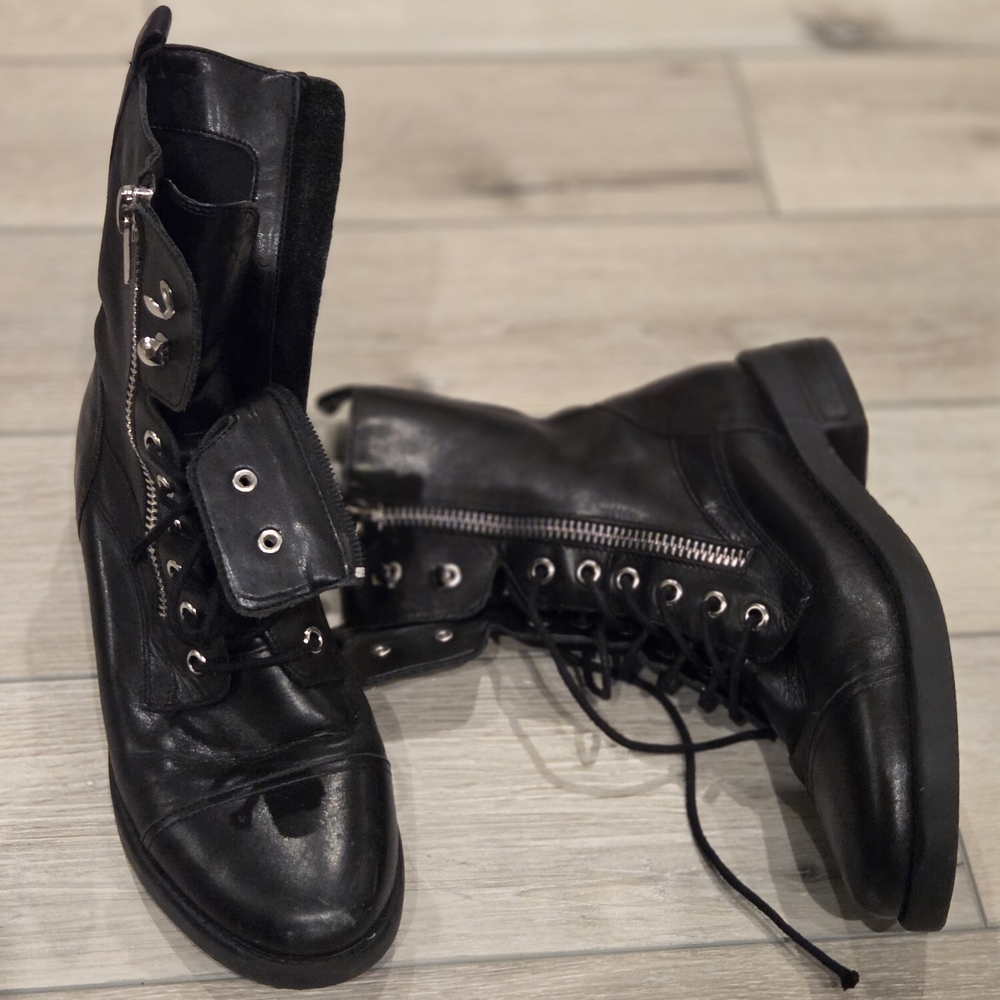 Black Combat Boots with Zipper Detail